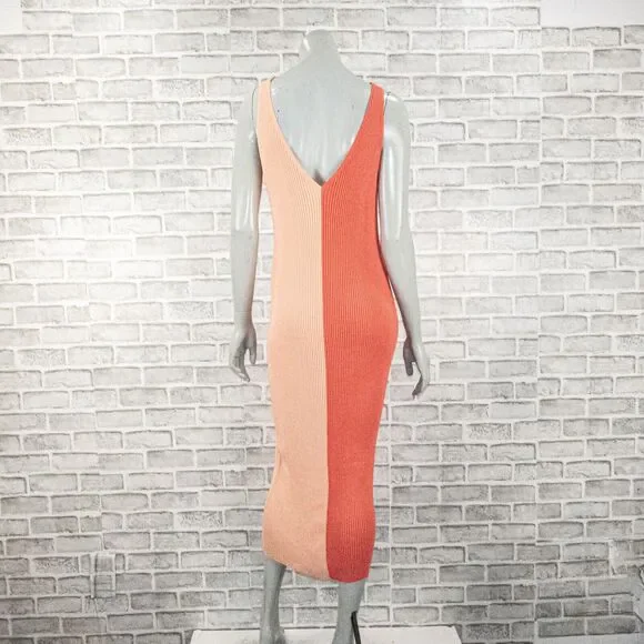 STAUD Dana Ribbed ColorBlock Mide Dress in Orange Peach Size Large - Picture 5 of 10